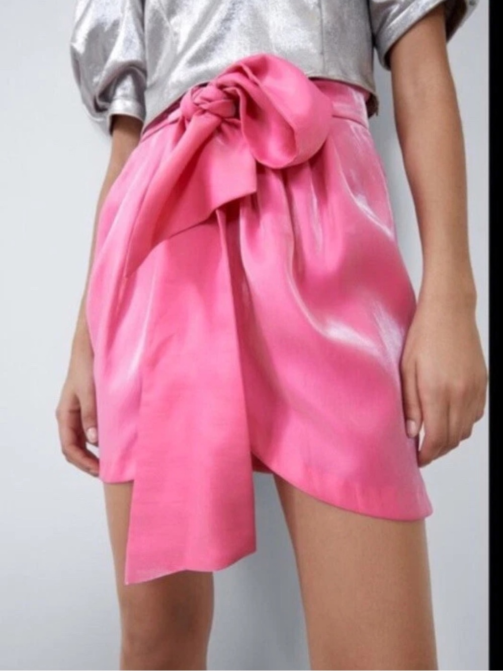 Zara Satin Pink High-Waist Tie-Front Mini Skirt New never worn size xs